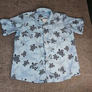 Sea Turtle Starfish Shirt Mens 2XL Blue Hawaiian Short Sleeve Beach Marine